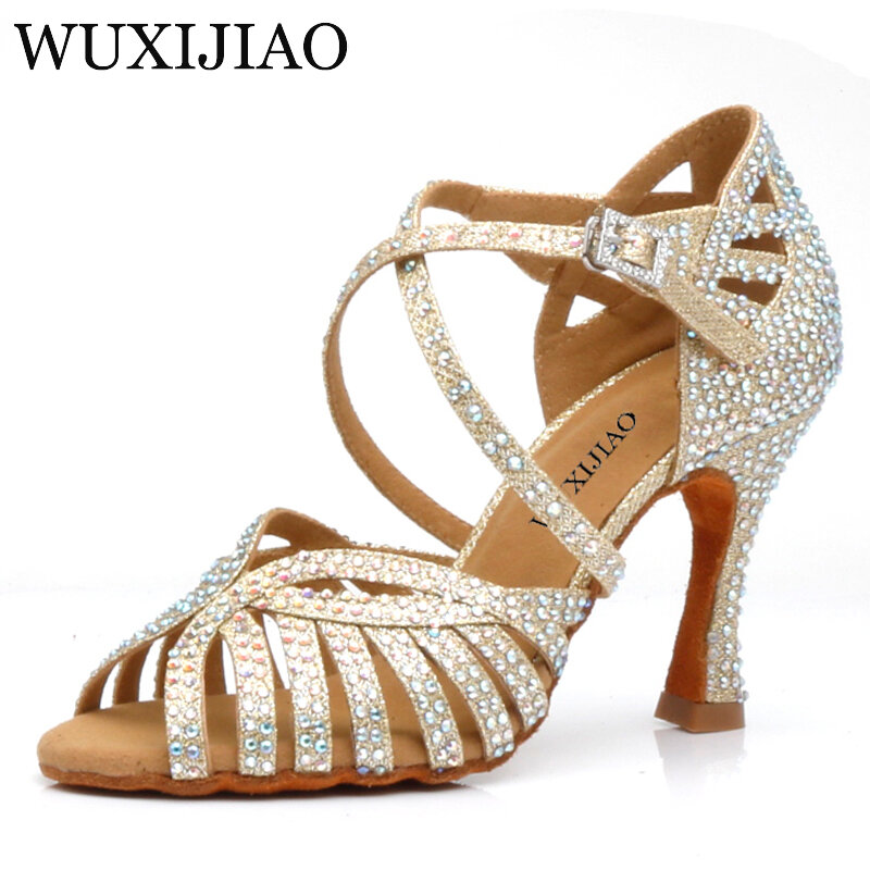 WUXIJIAO Latin dance รองเท้าผู้หญิงรองเท้าส้นสูง black gold gold glitter ทองผ้าสบาย salsa รองเท้า salsa รองเท้า