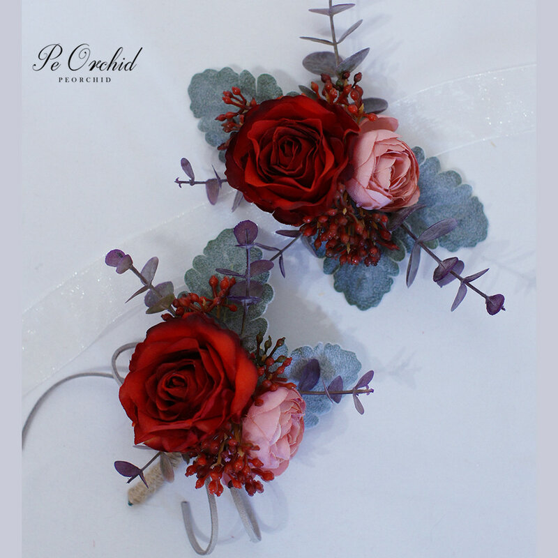 PEORCHID-pulsera de mano con flores para dama de honor, Corsages y Boutonnieres rojos para boda, accesorios para baile de graduación, para hombre