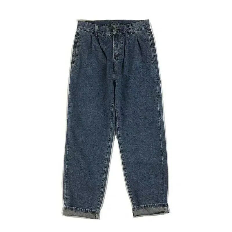 Męskie spodnie jeansowe Cargo luźna prosta szeroka nogawka spadek koreański Trend spodnie Ins styl Hong Kong moda marka dżinsy Vintage Men
