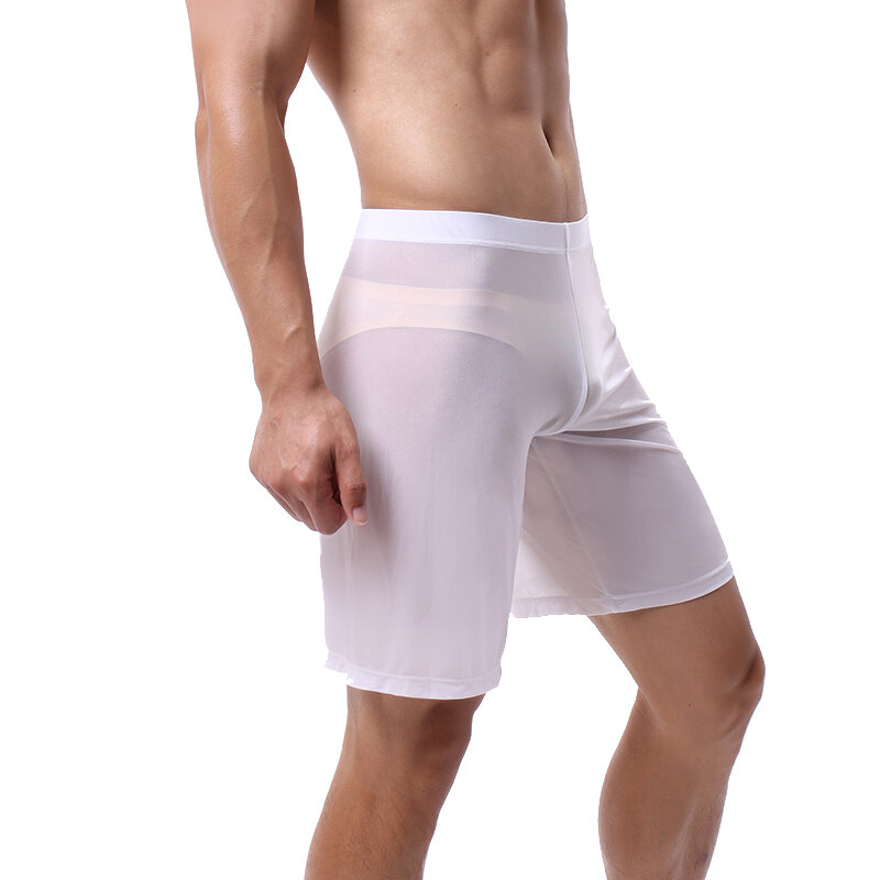 CLEVER-MENMODE Pakaian Dalam Pria Boxer Seksi Mesh Bawahan Tidur Piyama Pria Celana Panjang Kaki Celana Dalam Transparan Celana Pendek Boxershort