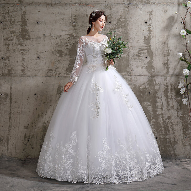 Nieuwe Zomer Koreaanse Licht Trouwjurk Vestidos De Novia Off Witte Bruid O-hals Droom Prinses Eenvoudige Lange Mouwen Kant Applicaties