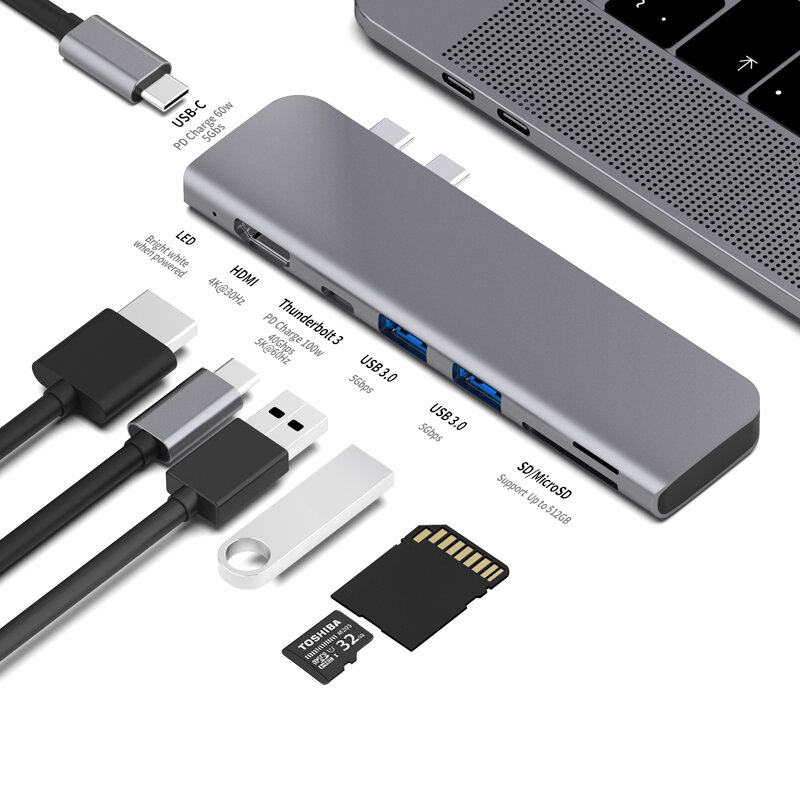USB 3.1 نوع-C محور إلى HDMI محول 4K الصاعقة 3 USB C محور مع محور 3.0 TF SD قارئ فتحة PD ل ماك بوك برو/الهواء 2018 - 2020