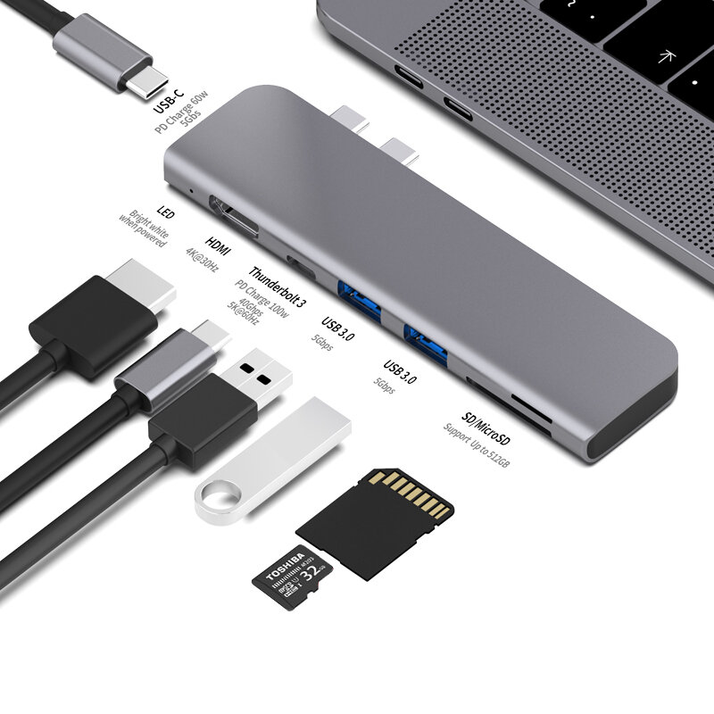 USB 3.1 Tipe-C Hub untuk HDMI Adaptor 4K Thunderbolt 3 Usb C HUB dengan Hub 3.0 TF SD Slot Pembaca PD untuk MacBook Pro/Air 2018/2019