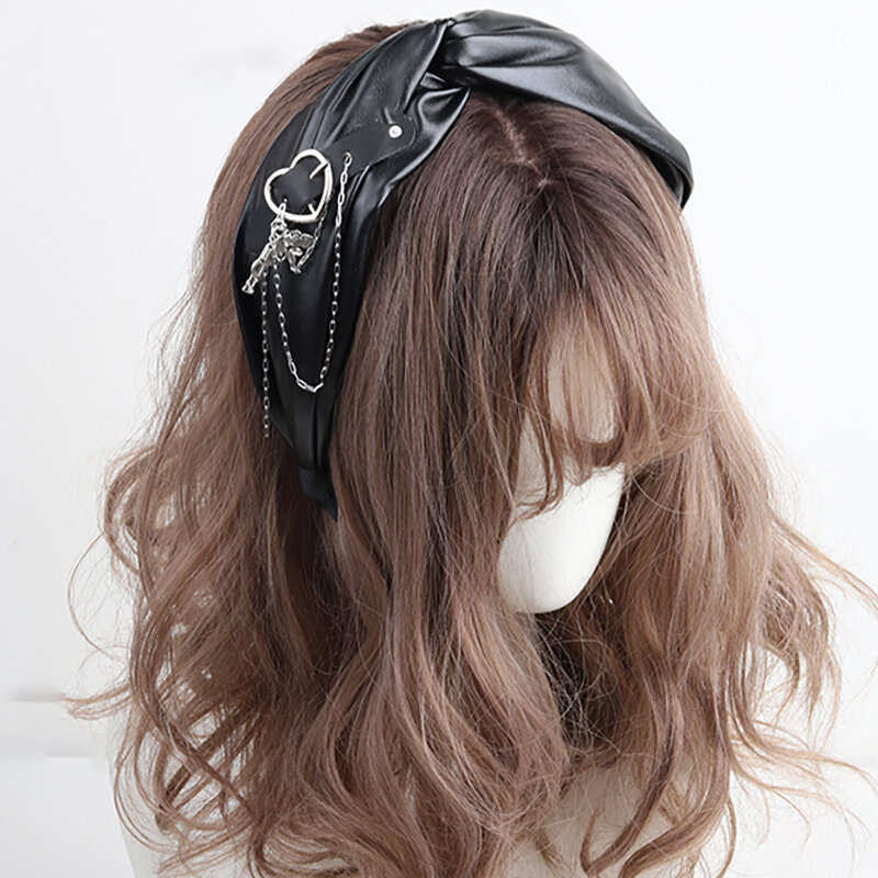 Gothic Lolita Black Punk PU Hairband Women Girls JK Headband Hair Clip Necklace PU Accessories