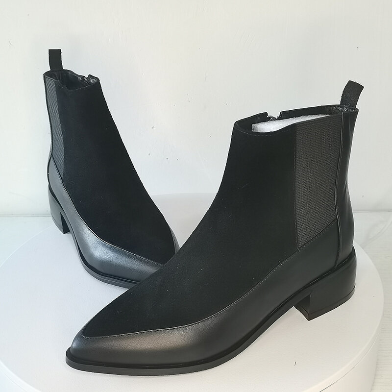 Bottines en cuir véritable et daim de vache pour femmes, chaussures Chelsea noires, avec fermeture éclair latérale, pointues, grande taille 22-26.5cm