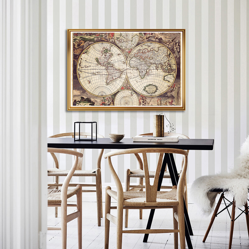 Mapa vintage do mundo, 59*42cm, pintura em tela, retro, medieval, arte de parede, pôster, material escolar, decoração de casa, sala de estar