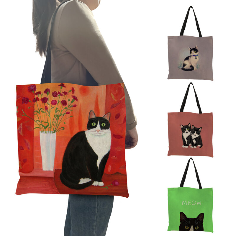 Creative I Love Cat Print Tote Bag Handbag Tuxedo Cats Painting Ladies Large Shopping Bags for Groceries Supermarket Beach