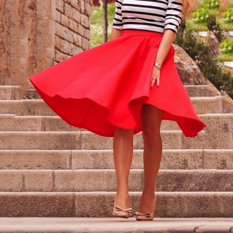+ 2020 Women High Waist Solid Color Skirt Autumn Pleated Swing Knee-Length Skirts Red Pink Black Fashion Stretch Skirt 1 Piece