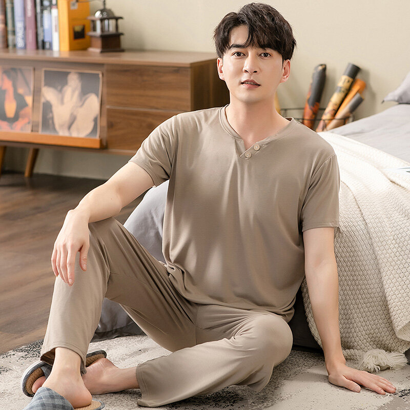 Men's Modal Cotton Pajamas Set Summer Short-Sleeve Tops + Long Pants Nightwear Home Wear Suits Simple Fashion Sleepwear for Men