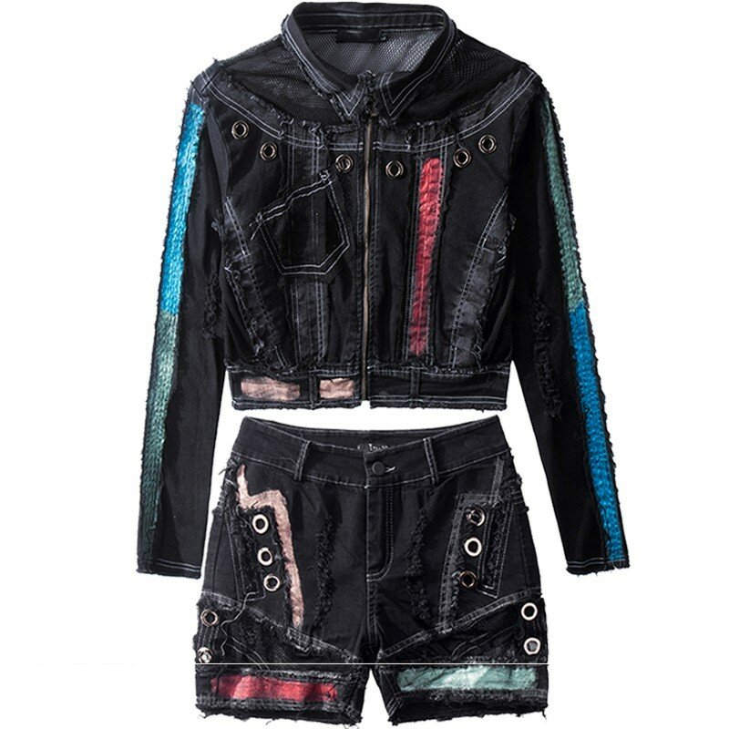 Gothic Punk Style Mesh Patchwork Women 3Pcs Outfits Top Quality Long Sleeve Slim Fit Short Jacket Coat Hole Ripped Hot Shorts