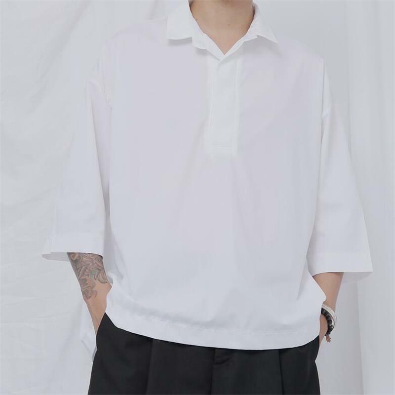 Camisa de manga curta masculina primavera e outono nova base de lapela pulôver cor sólida moda tendência casual solto grande tamanho camisa