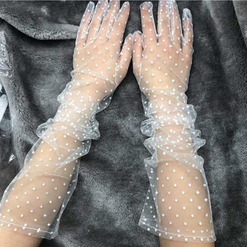 New 1 Pair Women Short Tulle Gloves Stretchy Lace Spots Full Finger Mittens Mesh Lace Gloves