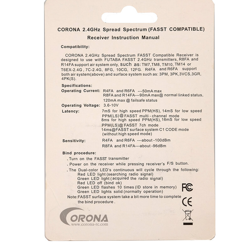 Futaba-Receptor Compatível com Protocolo FASST, Avião RC, Receptor Modelo Fixwing, Corona F8FA, R14FA, 10C, 12FG, 14SG, 16SZ, 18SZ, 2.4GHz