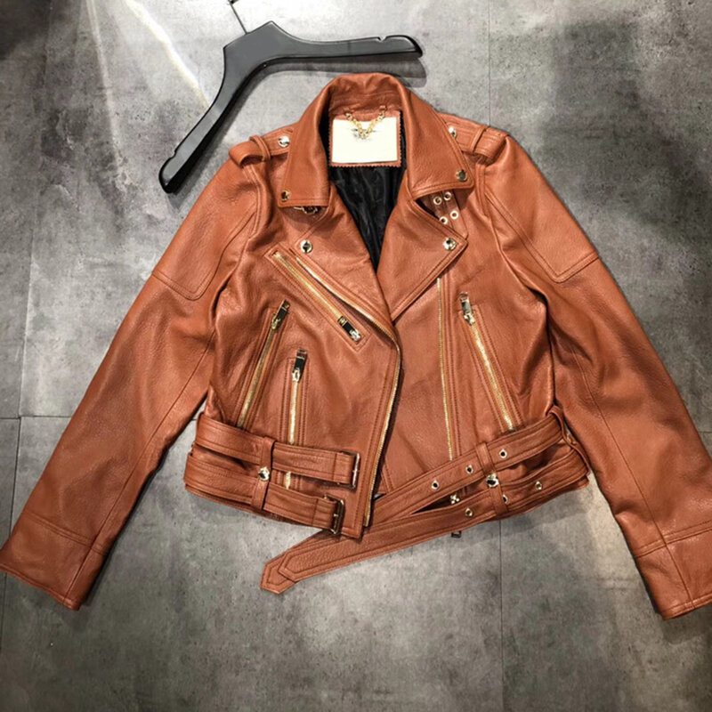 Novo outono inverno real pele de carneiro curto jaqueta de luxo marca designer feminino geniune jaqueta de couro casaco motocicleta outwear