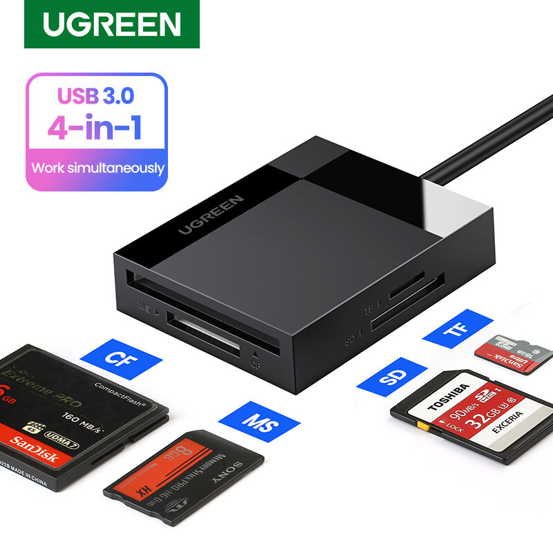 UGREEN เครื่องอ่านการ์ด USB3.0 4-In-1 SD Micro SD TF CF MS Compact Flash Card Adapter สำหรับแล็ปท็อป PC USB Multi Smart Card Reader
