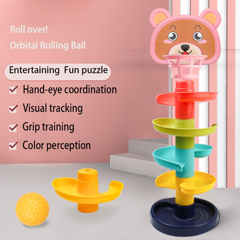 Montessori Stacking Block Track Ball Toy Interactive Sliding Toss Game Toy W/ Basket Hoop Easy Assembly Baby Sensory Toy