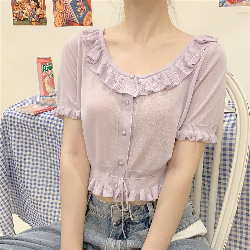 Sommer Vintage Rüschen Kurzarm Blusen für Frauen Koreanische Spitze Up Strick Crop Tops Lolita Nette Mädchen Süße Taste Unten shirts