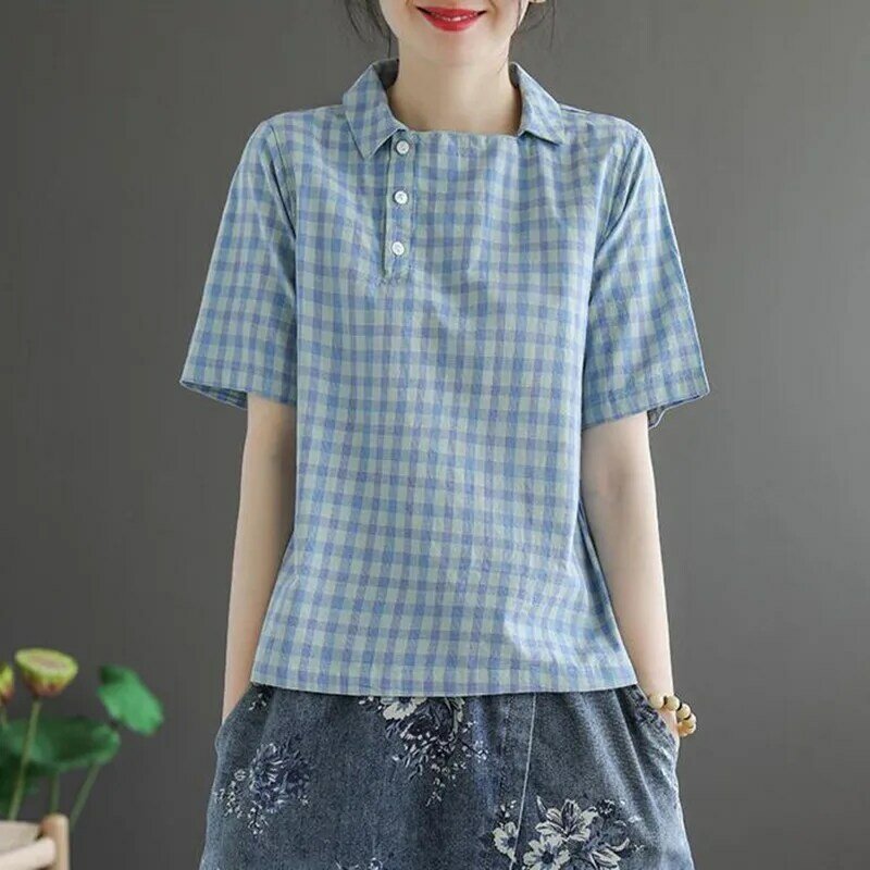 Blusas camisas das mulheres verão casuais tops xadrez nova 2020 estilo coreano turn-down colarinho feminino blusa do vintage de alta qualidade p990