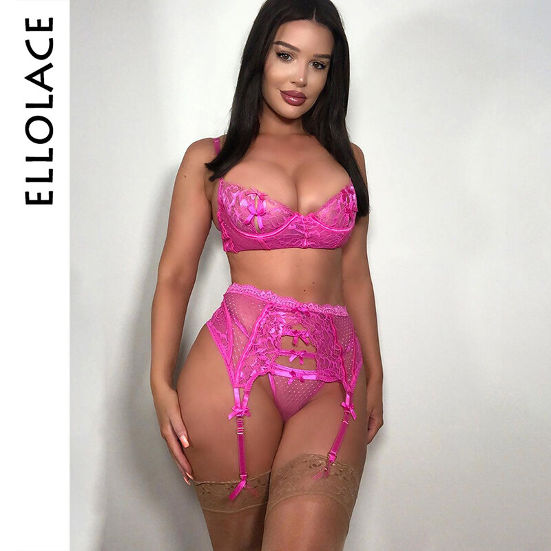 Ellolace Sexy ropa interior de encaje de las mujeres Rosa Lencería push-up sujetador y breves conjuntos Bralette y ropa interior Sexy sujetador parte establece