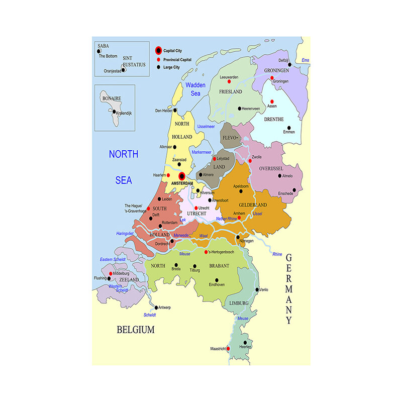 Affiche toile de carte des pays-bas, série néerlandaise, peinture murale claire et facile à lire, pour fournitures scolaires, 42x59cm