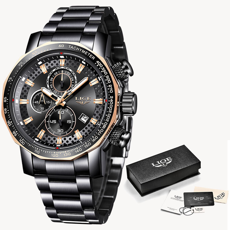 LIGE-Relógios cronógrafos esportivos masculinos, marca de topo, luxo, aço completo, relógio de quartzo, impermeável, grande relógio de discagem para homens, novo