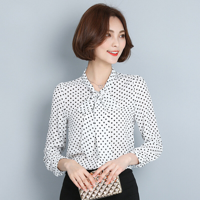 Женская шифоновая блузка с длинным рукавом, однотонная элегантная повседневная офисная блузка, новинка 2020