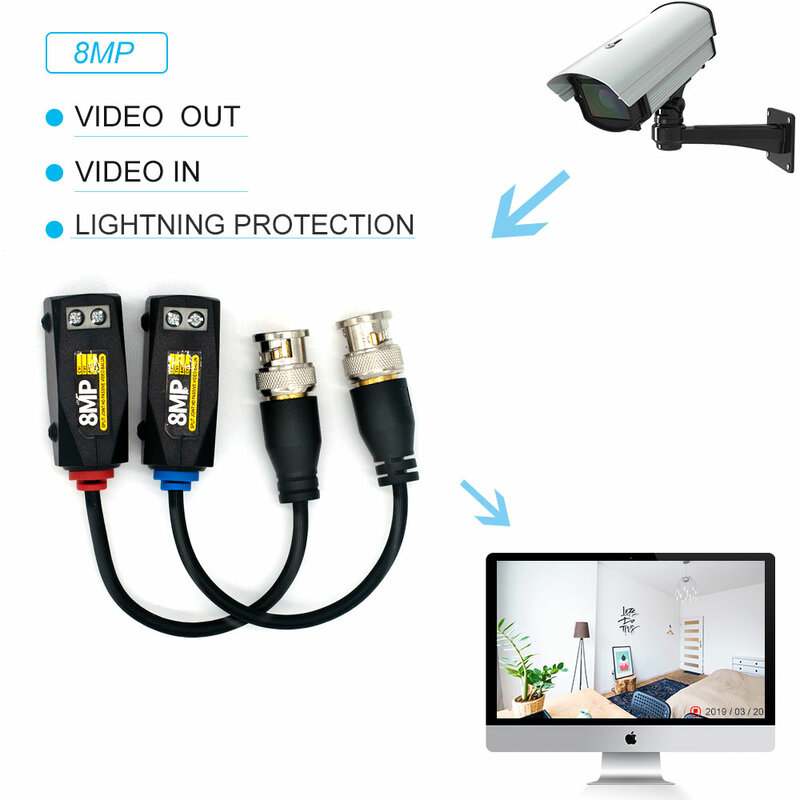 Balun-transmissor de vídeo passivo hd, 8mp, 5mp, 1080p, transmissão, par trançado, cabo cctv para sinal de vídeo ahd/cvi/tvi