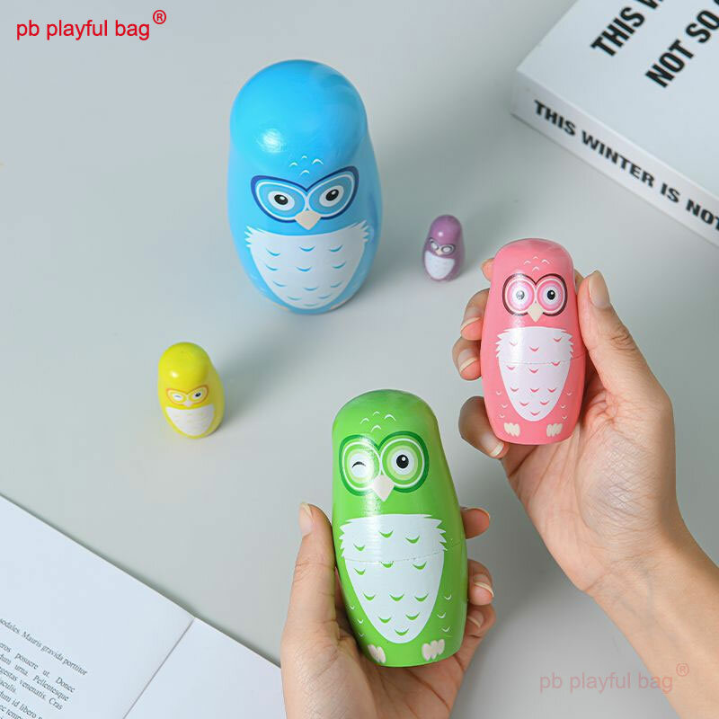 PB Tas Lucu Pribadi Kreatif Tangan-dicat Kerajinan Lima Lapisan Kayu Rusia Boneka Hewan Burung Hantu Seri Mainan Anak-anak HG188