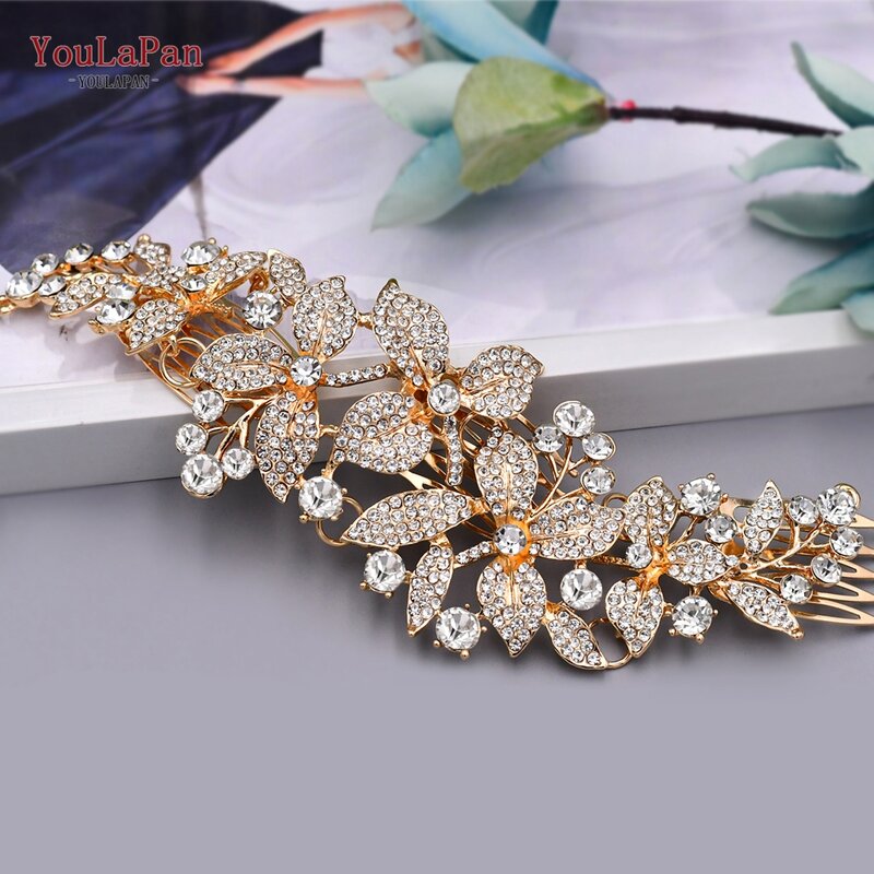 TOPQUEEN HP301 Bridal Headpieces with Comb for Wedding Crystal Alloy Leaf Starry Rhinestone Headband for Wedding Party
