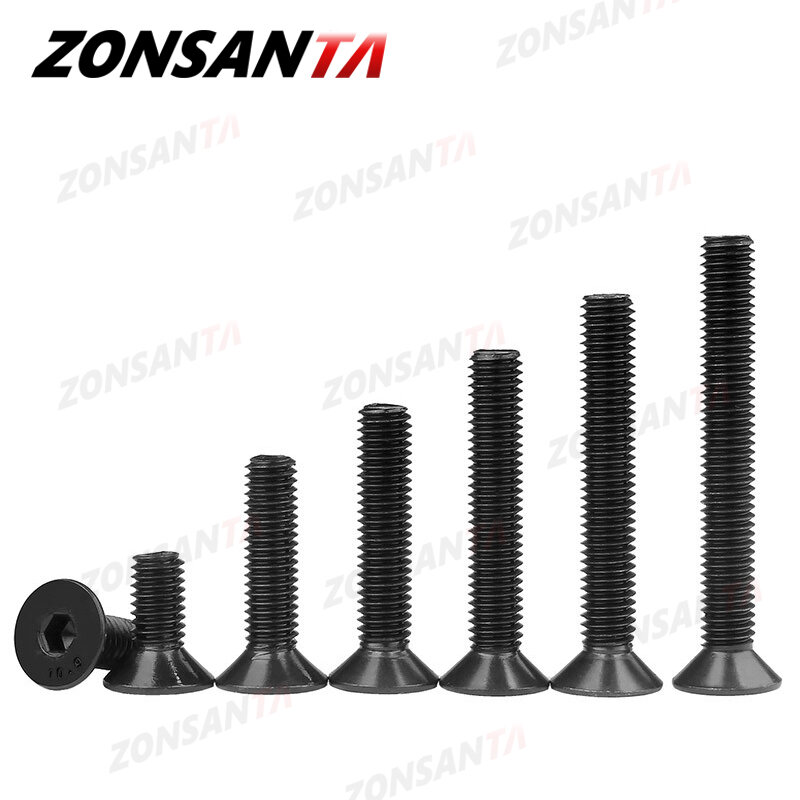 ZONSANTA-tornillo hexagonal de cabeza plana para muebles, M2, 5 M3 M4 M5 M6 Din7991, tornillo avellanado de acero al carbono, bricolaje, color negro