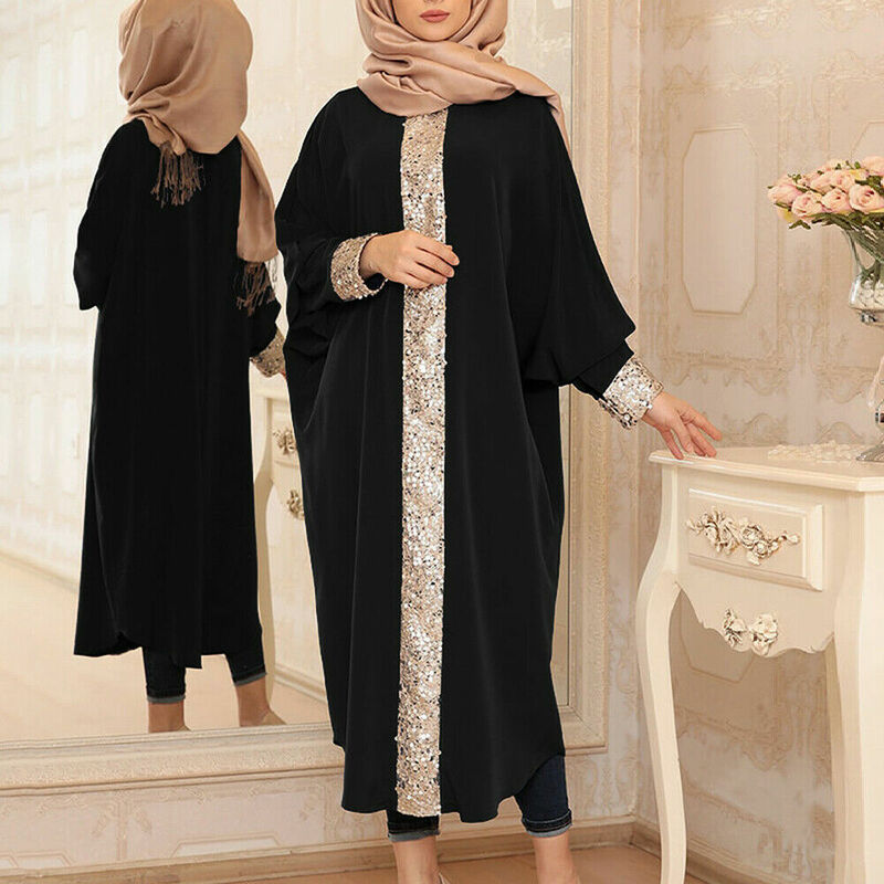 Ramadan muslimische Frauen Pailletten Abaya lange Maxi kleid Roben Fledermaus Patchwork islamische Kaftan lässig lose Kleid Kaftan arabischen Cocktail