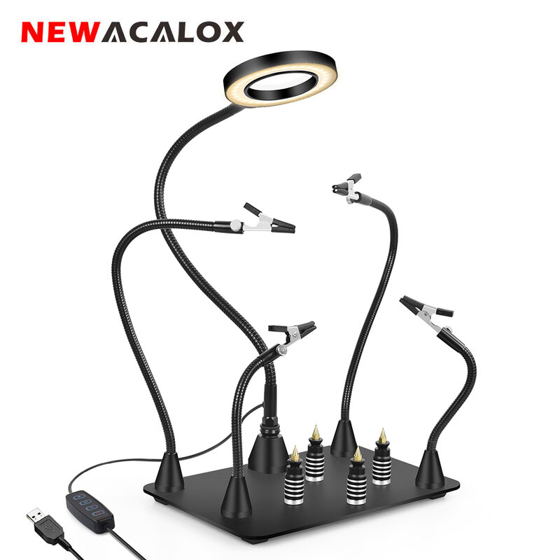 NEWACALOX Kaca Pembesar LED 3X Alat Solder Tangan Membantu Berdiri Pistol Panas Penyangga Papan PCB Bingkai Pistol Udara Panas Tangan Ketiga