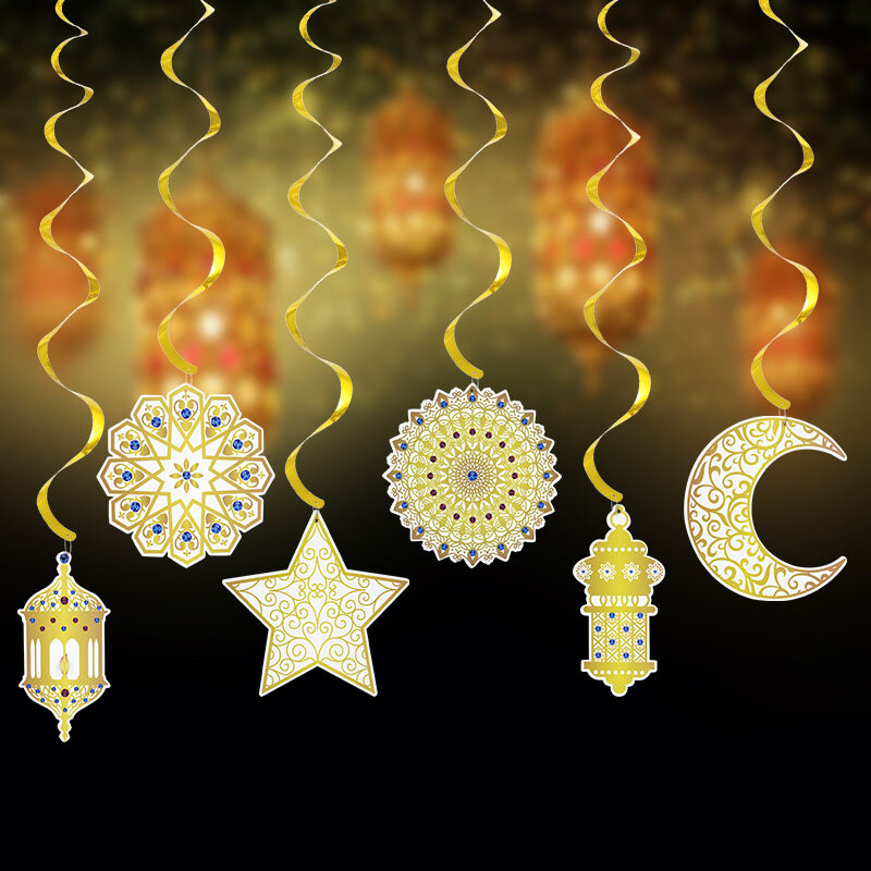 Pancarta Eid Mubarak, colgante en espiral de oro, luna, estrella, adorno de Mubarak, Ramadán, decoración de la habitación del hogar, macramé, 6 uds.