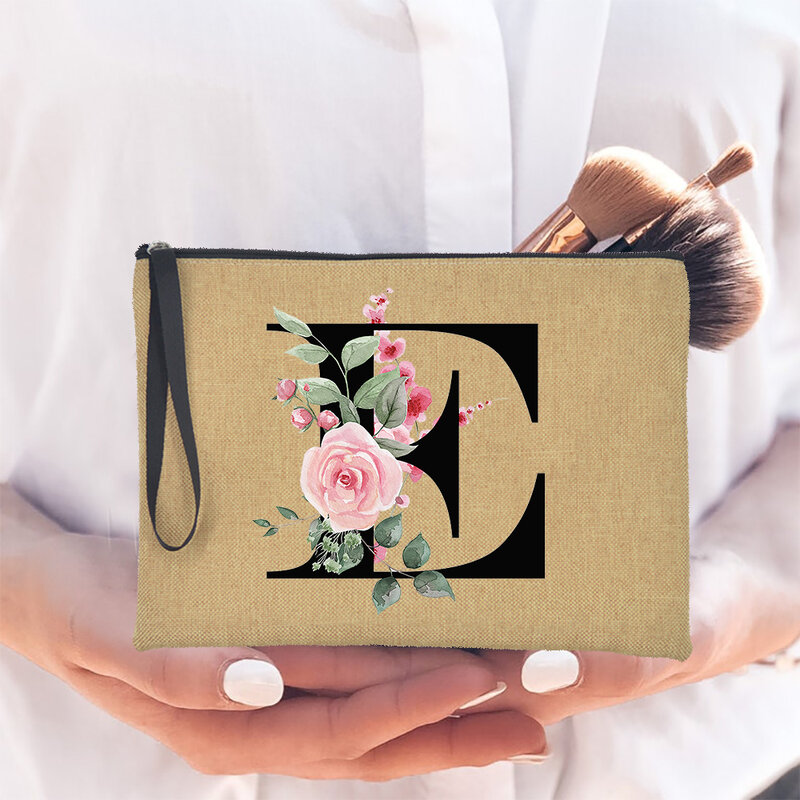ดอกไม้ตัวอักษร A-Z ผู้หญิง Clutches กระเป๋าแฟชั่นลำลองผ้าลินินเครื่องสำอางค์กระเป๋าแต่งหน้ากระเป๋าถือลิปสติกสีส้มของขวัญ