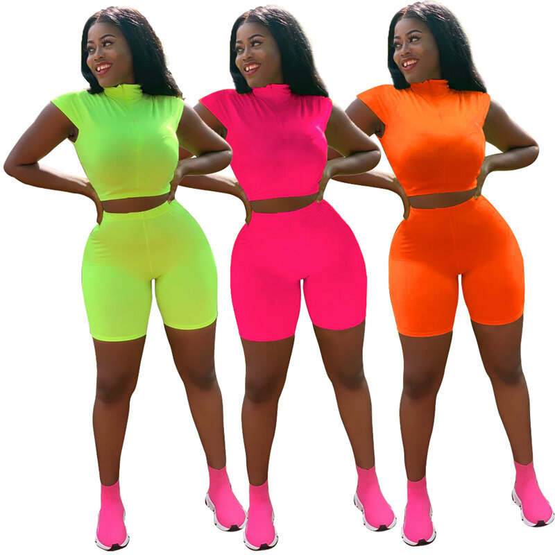 Summer Sexy Short Two Piece Set Women Crop Top and Hot Pants Sleeveless Soild Sports Two 2 Pieces Tracksuit Female Casual Sets