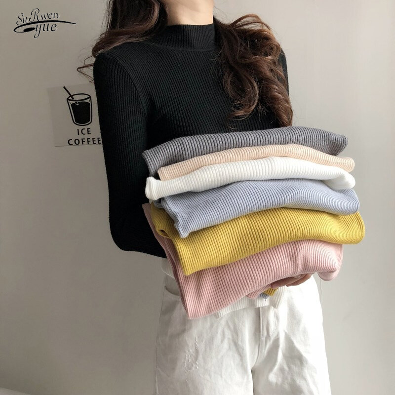 Camisola de manga longa de gola alta 16676 outono camisolas para mulheres camisola de inverno conjunto de cores sólidas básico coringa