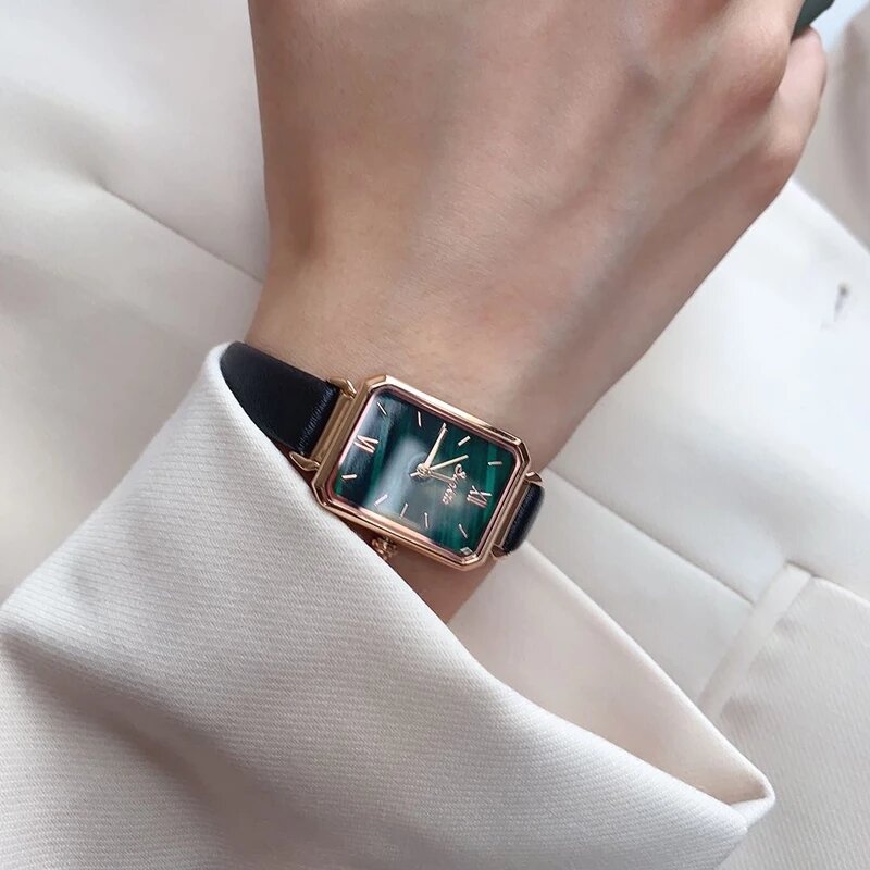 SUNKTAนาฬิกาผู้หญิงนาฬิกาแบรนด์หรูรูปสี่เหลี่ยมผืนผ้าขนาดเล็กสีเขียวนาฬิกาสุภาพสตรีUltra-Thinนาฬ...