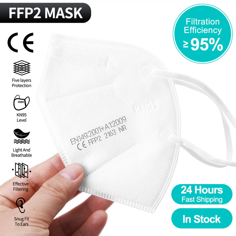 Mascarillas protectoras FFP2 para adulto, máscara reutilizable de 5 capas, antipolvo, certificado CE, KN95, 100 unidades