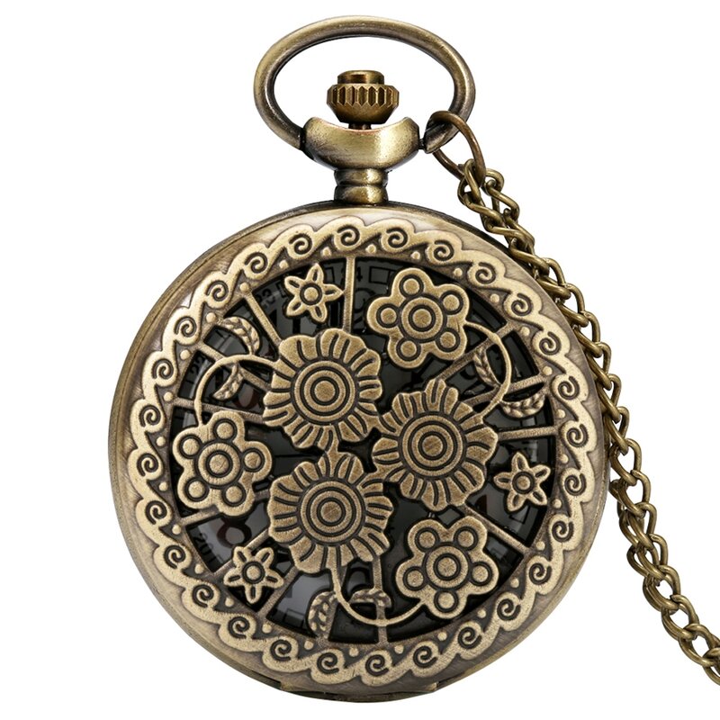 Винтажные бронзовые полые цветущие цветы симпатичный кварц карманные часы ожерелье цепочка женский цветок кулон подарок Relogio De Bolso