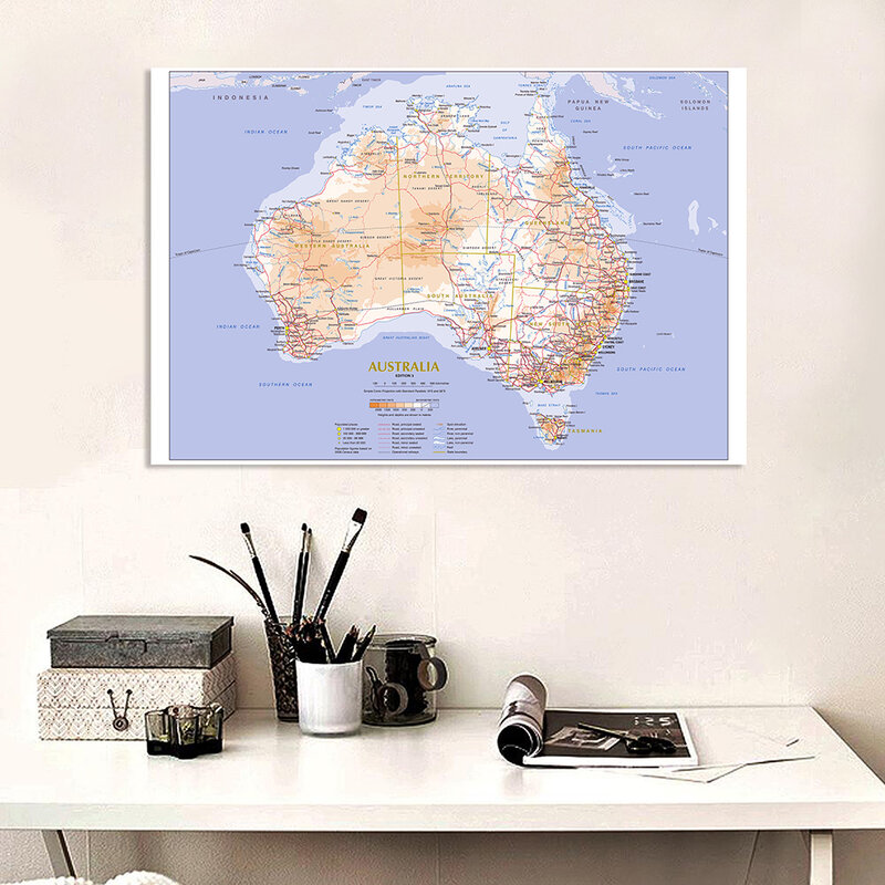 150*100cm 지형 및 교통 경로 호주 벽 포스터 부직포 캔버스 회화, 홈 인테리어, 학교 용품
