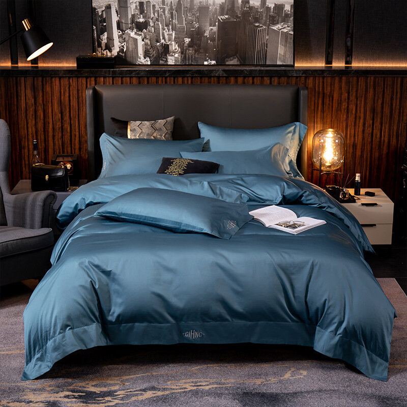 Textiles para el hogar Juego de cama de algodón egipcio colores puros juego de cama bordado sábana de edredón de alta calidad tamaño king queen