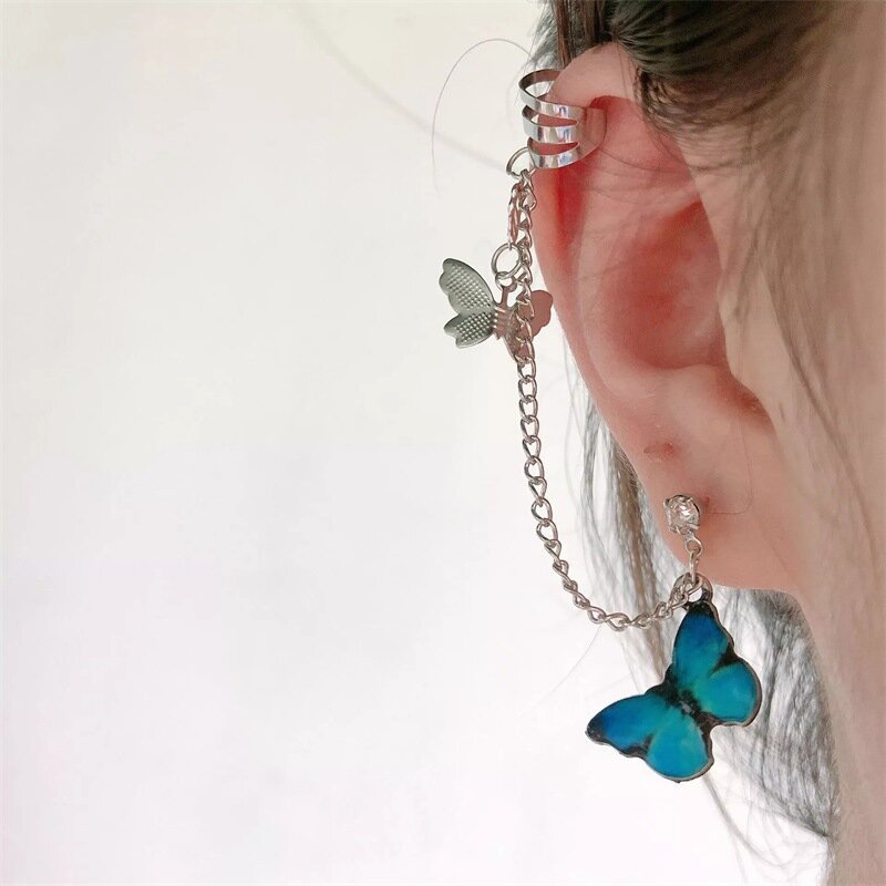 Baru Fashion Punk Butterfly Klip Anting-Anting untuk Remaja Wanita Pria Manset Telinga Zinc Alloy Perhiasan Keren Vintage Retro Rantai Anting-Anting logam