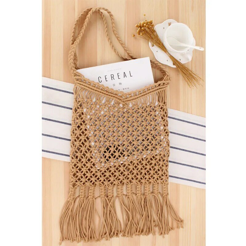Hollow Hand Woven Mesh Tassel Shoulder Beach Straw Bag Trendy Female Summer Handbags