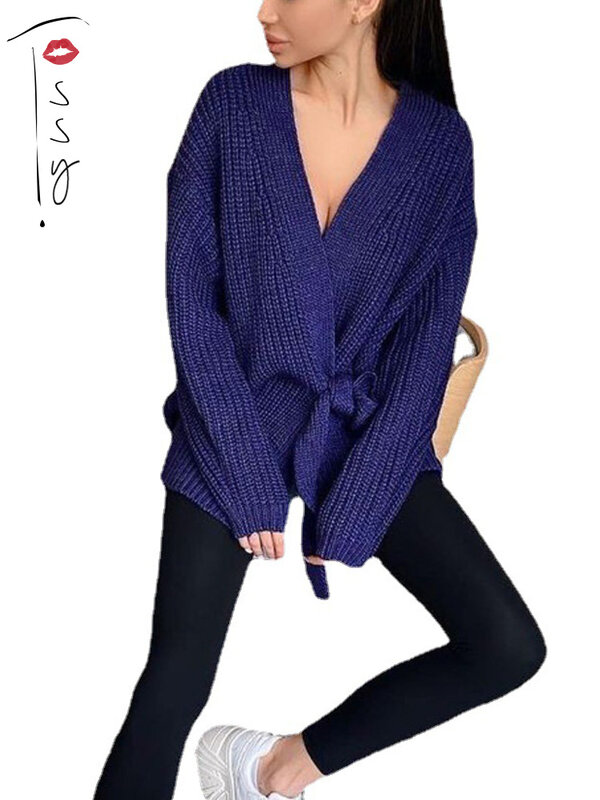 Tossy 여성 v-목 붕대 긴 소매 스웨터 카디건 숙녀 솔리드 세련된 느슨한 캐주얼 스웨터 2022 가을 겨울 기본 Outwears