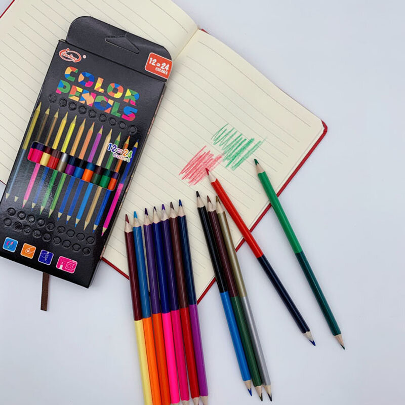Crayons de couleur à double tête en bois pour le dessin, fournitures scolaires, accessoires de bureau, 24 documents, 12 pièces