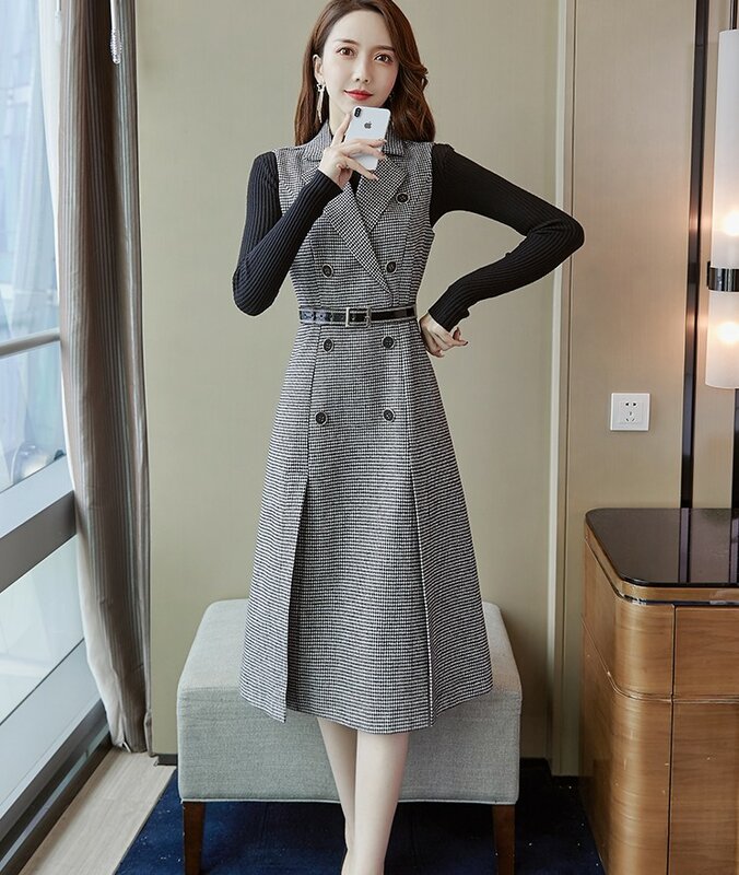Women Houndstooth Tweed Notched Plaid Dress Two Piece Set Winter Knitted Sweater And Double-Breasted Vest Party Midi Dress Suit