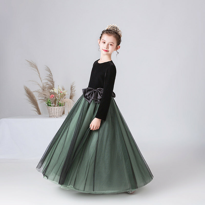 Gaun Perempuan Bunga Tulle Lengan Panjang Dianut Ttahl 2023 Gaun Putri Anak untuk Gaun Kontes Formal Beludru Pesta Ulang Tahun Pernikahan
