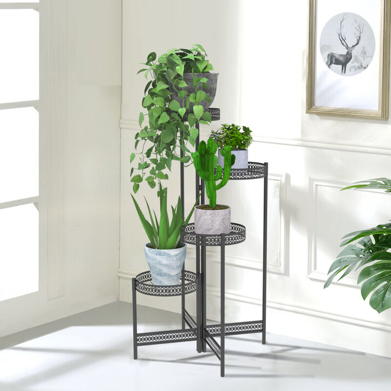 Soporte metálico de 3/4 niveles para plantas, estante de exhibición plegable para Patio, jardín, sala de estar, balcón, esquina, color negro