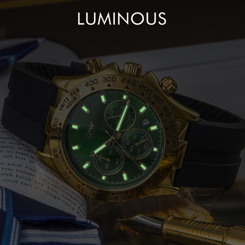Chronographe sportif tachymètre avec bracelet en caoutchouc, mouvement à quartz, cadran avec fenêtre de date, 42mm