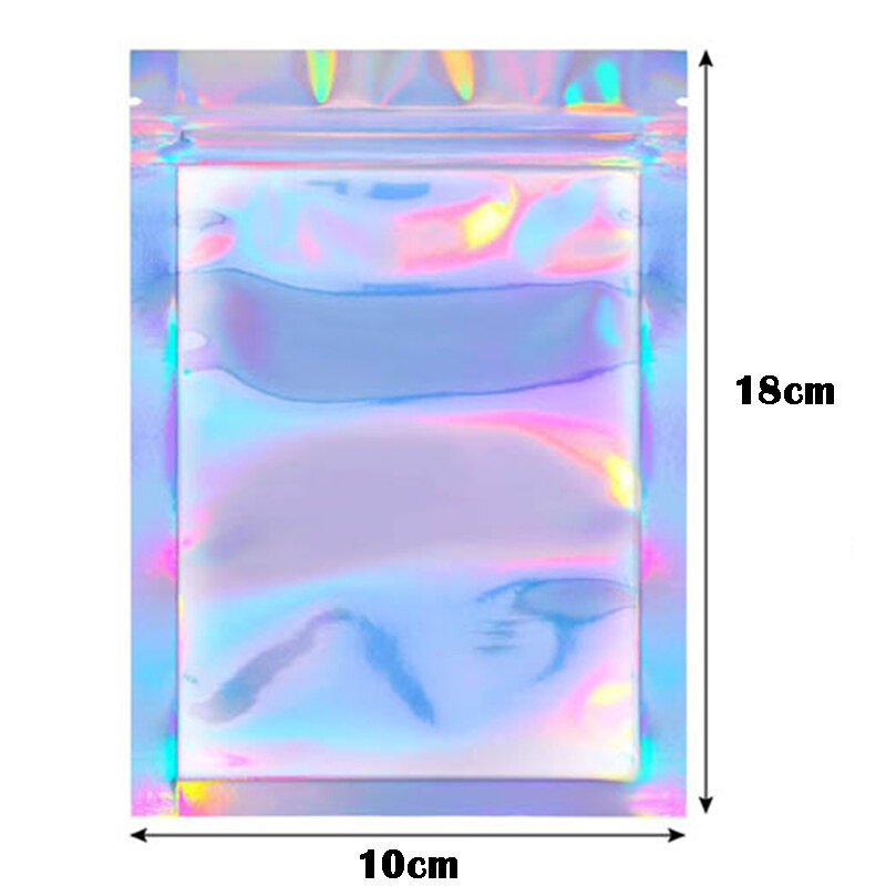 100PCS Iridescent Zip lock Bags Pouches Cosmetic Plastic Laser Iridescent Bags Holographic Makeup Bags Hologram Zipper Bags